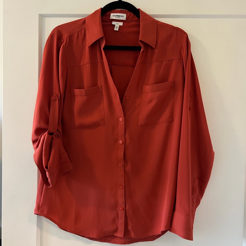Express Women's Red/Orange Button-Down Shirt